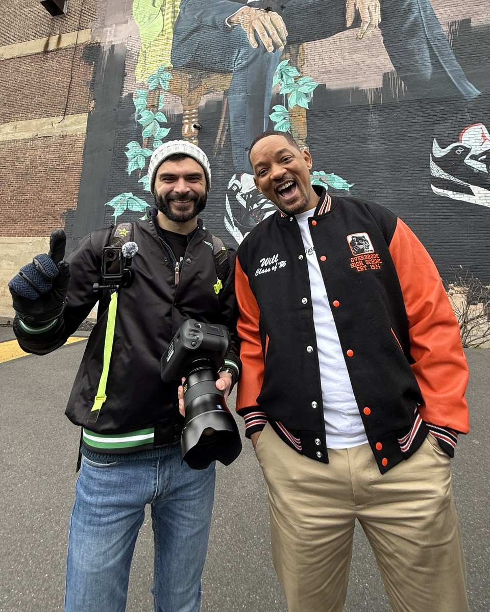 South Street Sam (Sami Aziz) with Will Smith under the Will Smith mural in Philadelphia